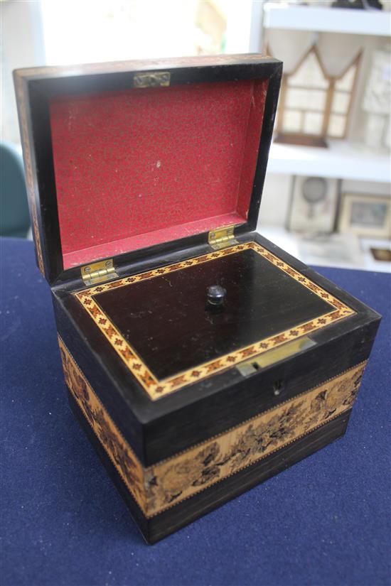 A Victorian Tunbridgeware tea caddy and a letter box